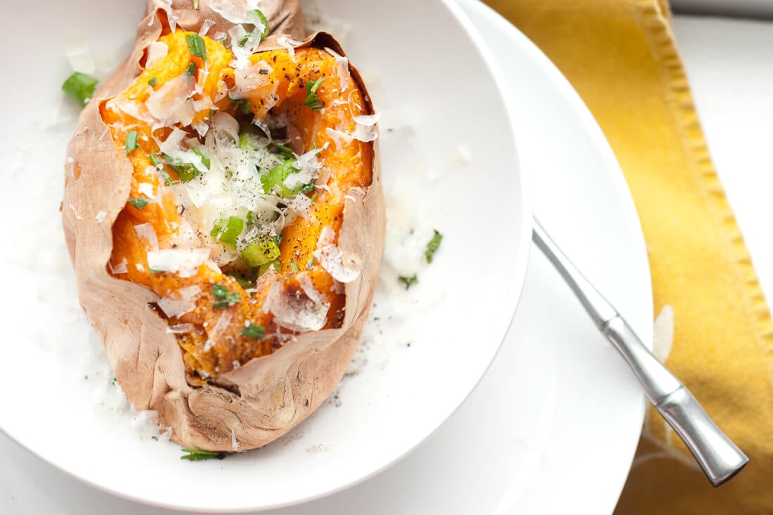 baked sweet potato with fresh rosemary and chives and parmesan baked sweet potato with fresh rosemary and green onion and parmesan